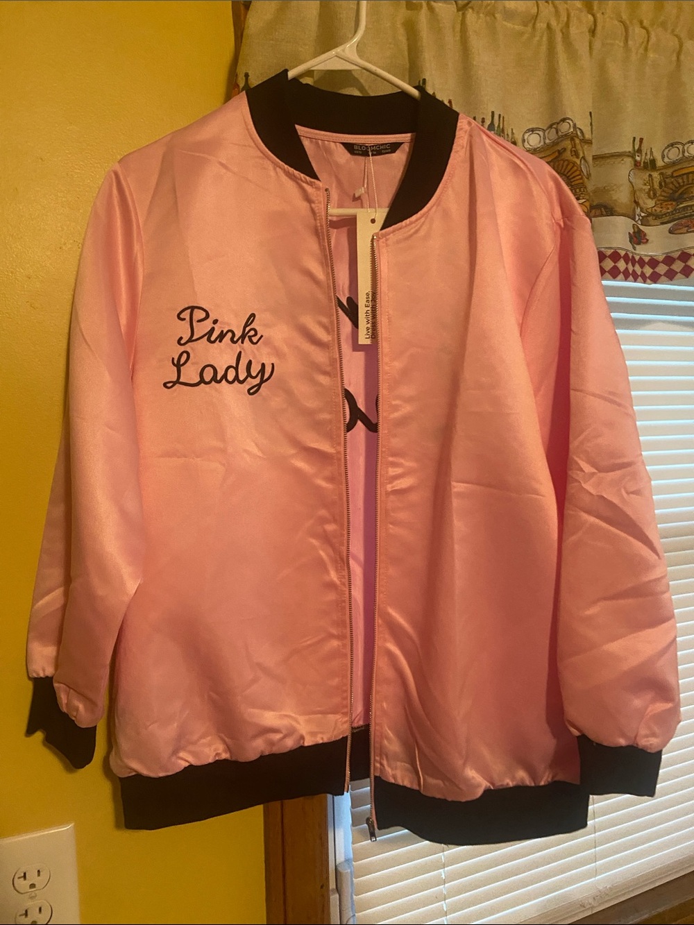 BloomChic Pink Satin Bomber Jacket with Black Trim
